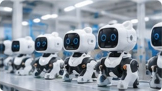 工場の製造ラインに並ぶロボット