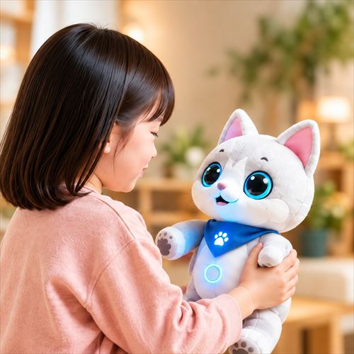 猫型AIロボットと触れ合う子ども