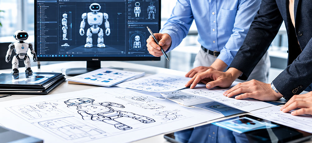 ロボットの設計図を確認する開発チーム